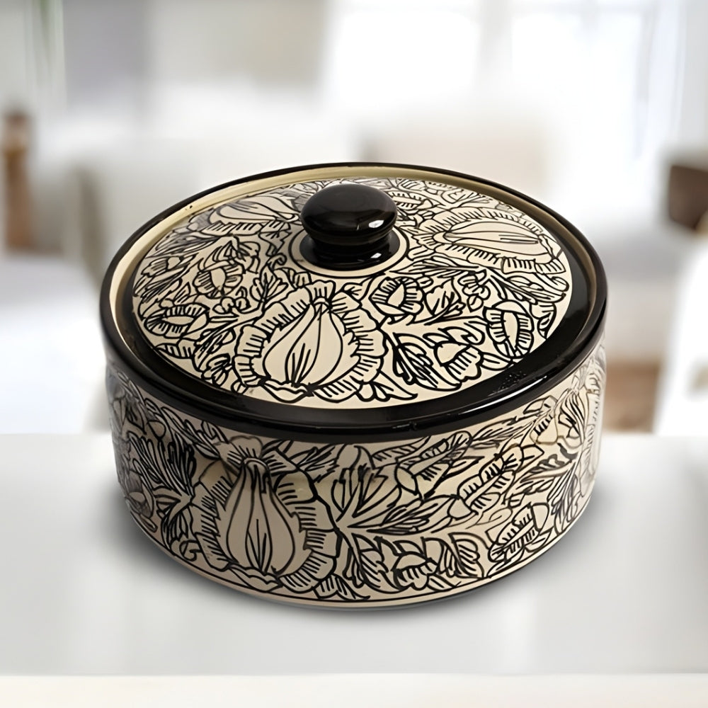 kalamkari ceramic serving pot with lid cylindrical storage and serving pot with durable glazed finish